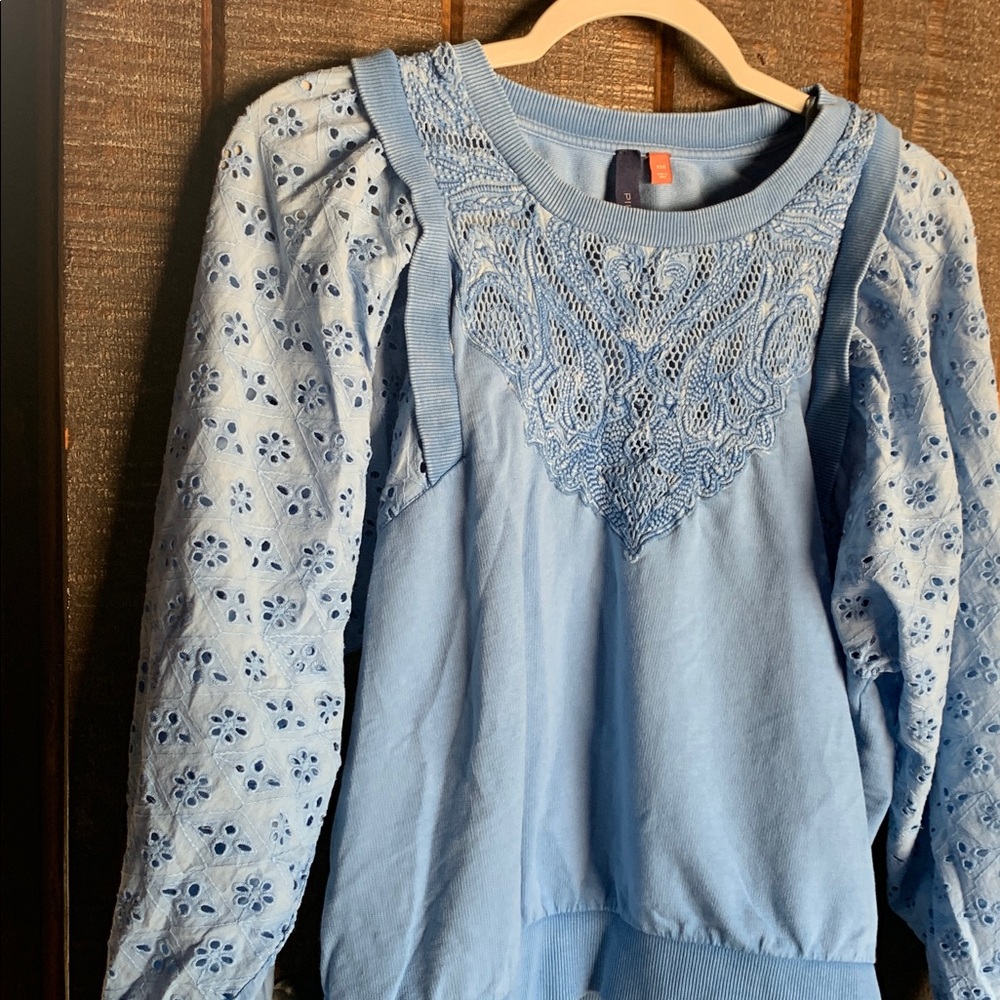 Anthropologie Pilcro Women Washed Eyelet Blue Sweatshirt Top Size XXS Preppy - Picture 6 of 16